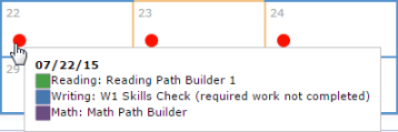 Pointing to a Due icon displays a pop-up list of assignments. You can open any assignment with a link. Otherwise, the assignment is past due or has a prerequisite.