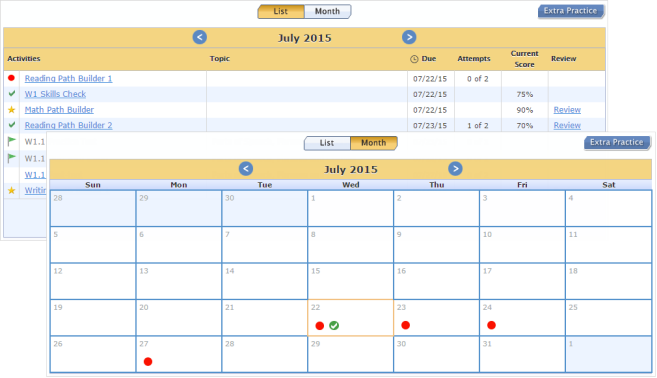 Use the Assignments Due page to view a month's assignments in a list or calendar month format.