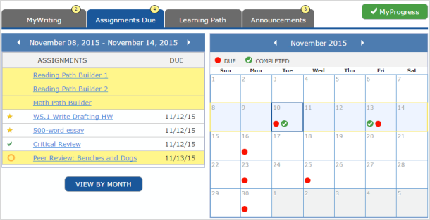 Course Home displays the Assignments Due tab, View By Month and My Progress buttons, and a calendar. (Your instructor can hide the calendar.)