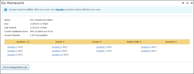 This page has information on the homework; number of questions and scored, correct, partial credit, and incorrect answers; and question links.