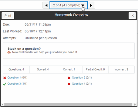 A homework overview has its due date, when you last worked it, number of attempts allowed, and the question scores.