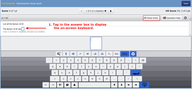 The keyboard is at the bottom of the screen. An additional row at the top of the keyboard has math symbols and templates.
