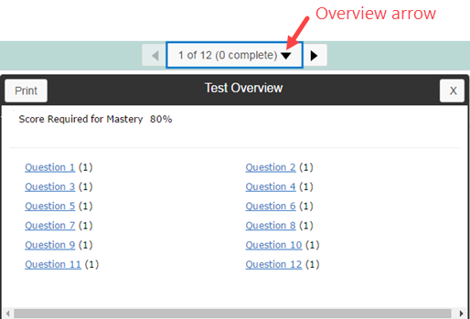 A test overview shows the score required for mastery and lists the question links, each followed by its maximum number of points in parentheses.