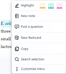 Menu includes Highlight, New note, Post a question, New flashcard, Copy, Search selection, and Customize menu
