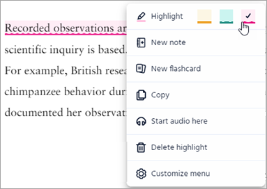 Menu options including Highlight, New note, New flashcard, Copy, Start audio here, Delete highlight, and Customize menu 