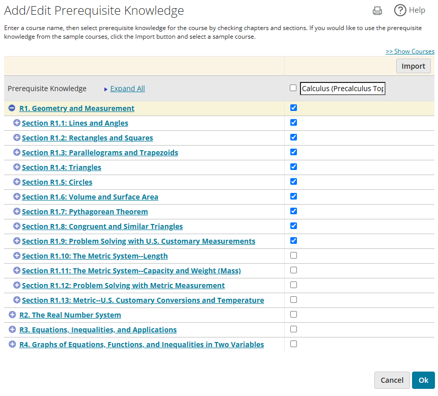 the add/edit prerequisite knowledge window