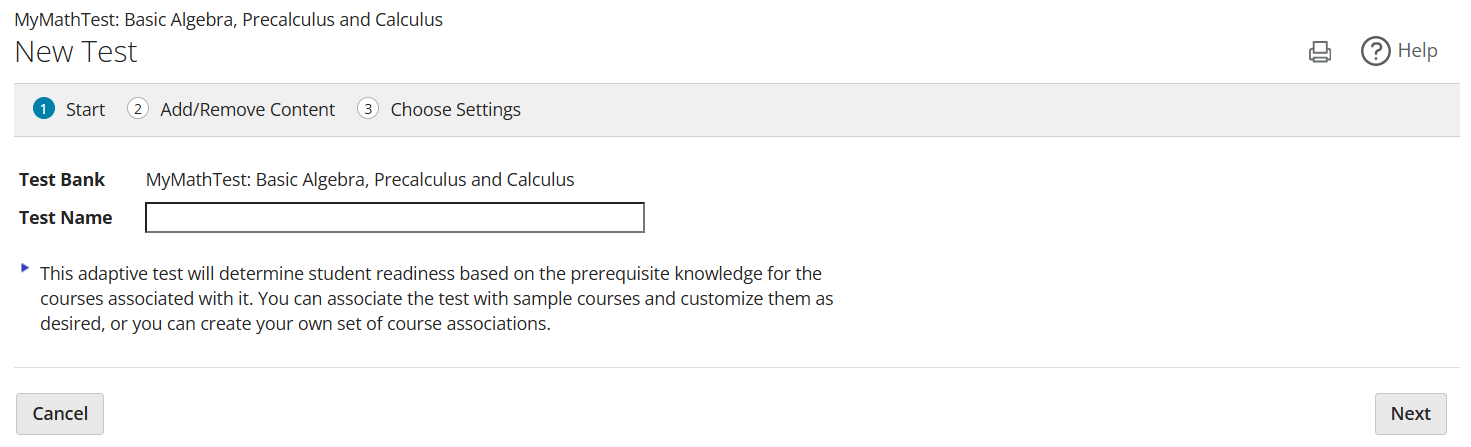 Adaptive test step 1 for MyMathTest