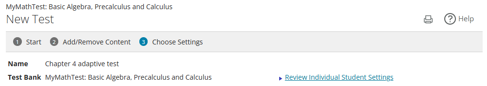 Step 3, the choose settings tab for MyMathTest