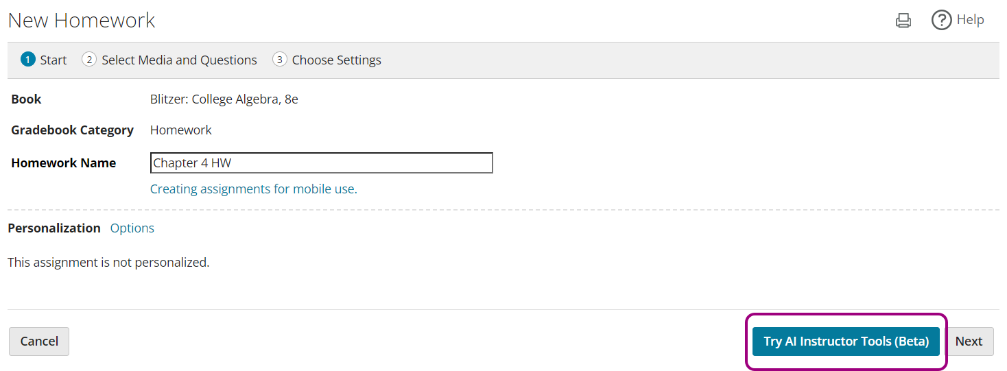 Step 1 wih the try AI instructor tools button