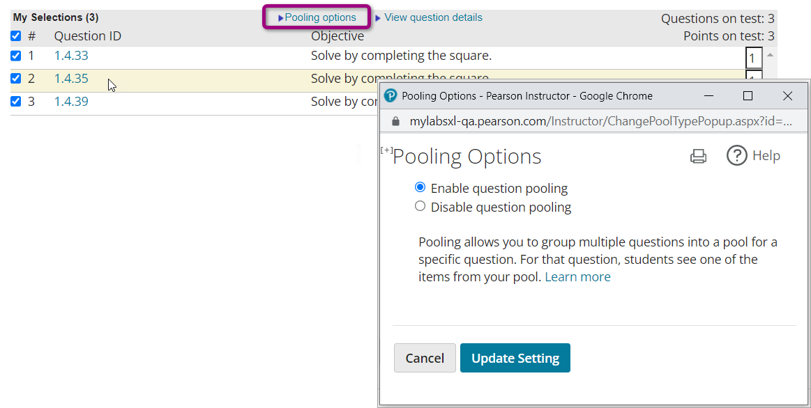 Shows Pooling Options button and pop-up window.