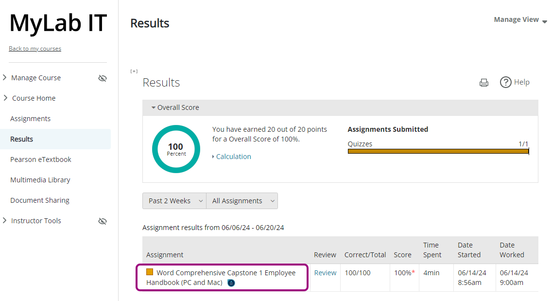 The student Results page with a Credly badge icon