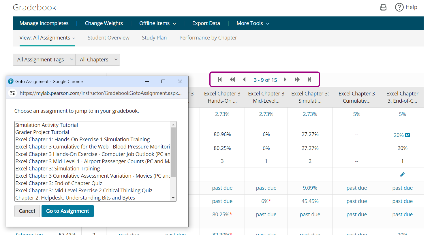 Navigation arrows and an example of selecting assignment numbers