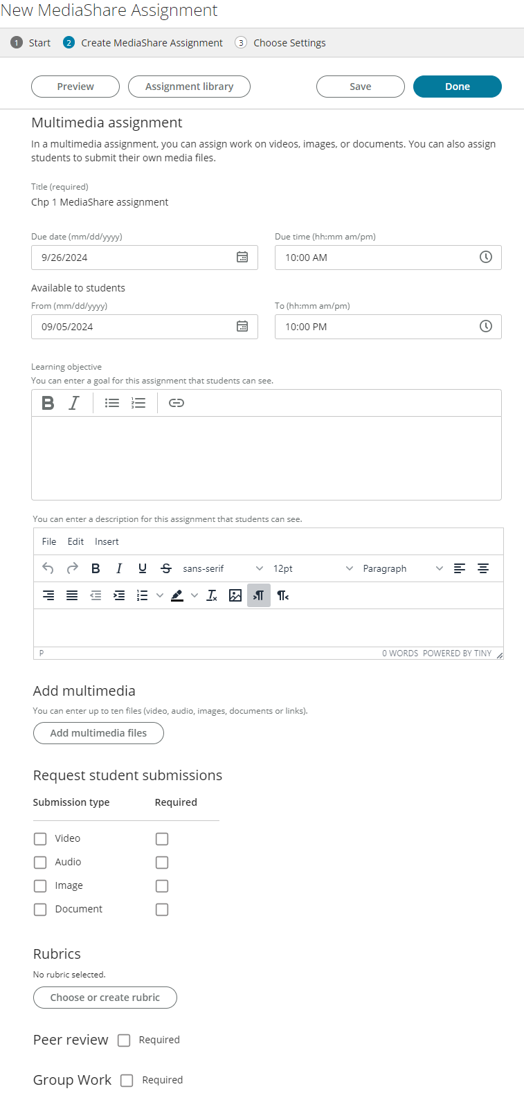 step 2, the add MediaShare multimedia assignment page