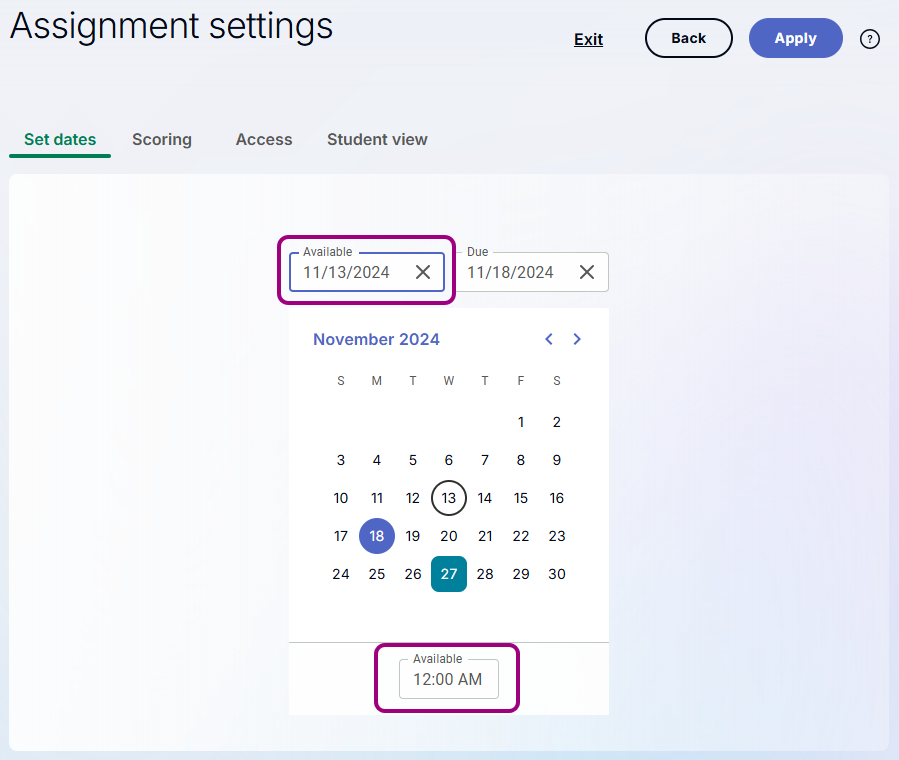 the set dates tab showing the available boxes