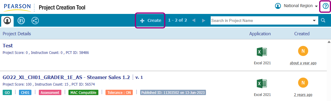 the project creation tool showing the create button and help icon