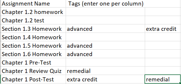 Example of a spreadsheet containing assignments and associated tags