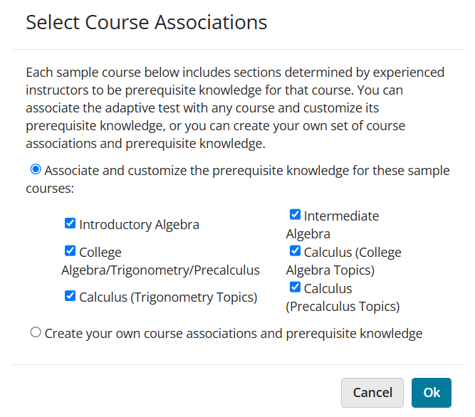 the select course associations window for MyMathTest