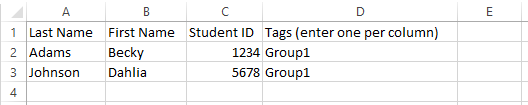 Example of adding tags to student names in a spreadsheet