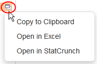 Data icon and dropdown list showing the Sopen in StatCrunch option