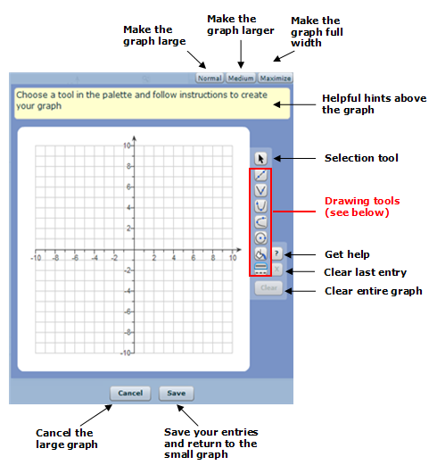 Large grapher showing Normal, Medium, and Maximaize buttons for sizing, hints above the graph grid, the drawing tool palette on the right, and the Save button at the bottom.