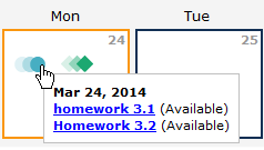 Portion of the calendar displaying a tooltip when you mouse over an assignment icon