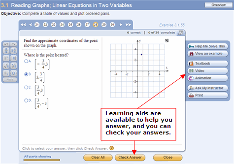 The MathXL Player in practice mode, showing tutorial learning aids and the Check Answer button