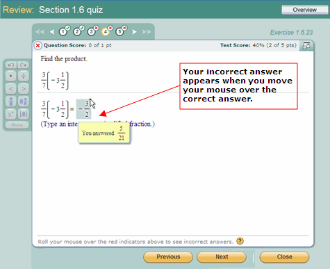 The MathXL Player in review mode, showing how to see your incorrect answer compared to the correct answer