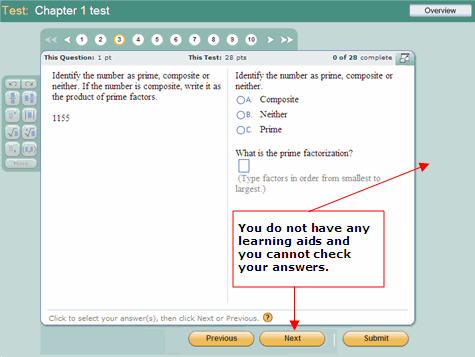 The MathXL Player in test mode, without tutorial learning aids