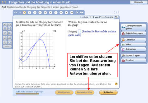 Der MathXL Player im Übungsmodus mit der Anzeige von Lernhilfen mit Anleitung und der Schaltfläche „Antwort prüfen“