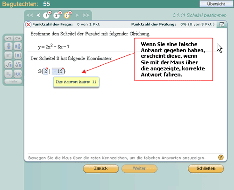 Der MathXL Player im Prüfungsmodus, in dem Sie Ihre falschen Antworten im Vergleich zu Ihren richtigen Antworten sehen