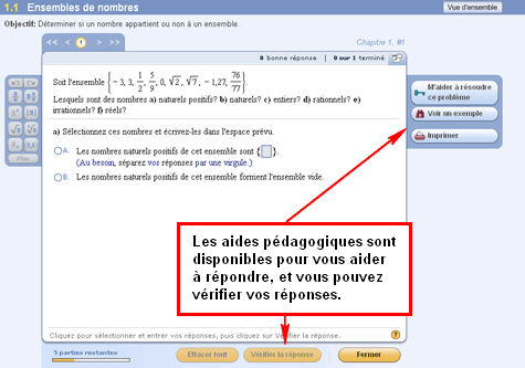 MathXL Player en mode Entraînement, affichant les aides pédagogiques sous forme de didacticiel et le bouton Vérifier la réponse