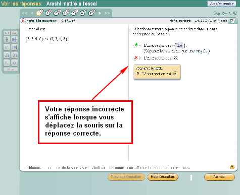 MathXL Player en mode Révision, montrant comment comparer votre mauvaise réponse avec la bonne réponse