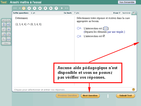 MathXL Player en mode Test, sans les aides pédagogiques sous forme de didacticiel