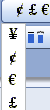 The expanded dropdown list showing currency symbols such as yen, euros, pound sterling, and so on