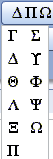 The expanded dropdown list showing upper-case Greek letters