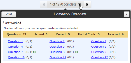 Example of the overview, with links to each question in the assignment