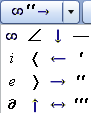 The expanded dropdown list showing mathematical symbols such as infinity, directional arrows, and angle brackets