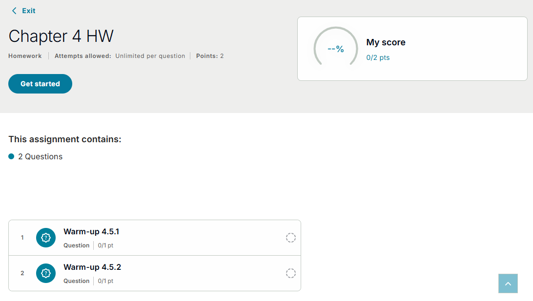 The overview page showing assignment details and the Get started button.
