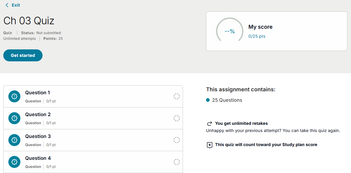 The overview page showing assignment details and the Get started button.