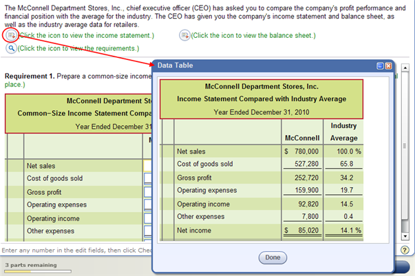 Example of clicking the icon and getting a popup of an income statement