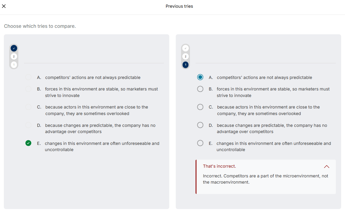 The Previous tries page showing feedback and the correct answer.