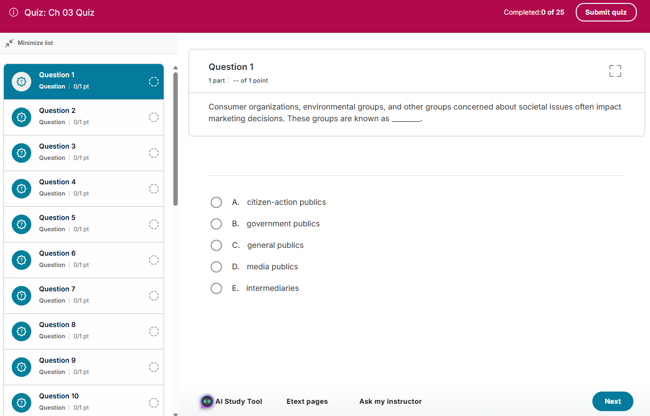 An open quiz question showing multiple choice options.