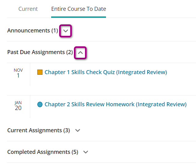 Assignments dropdowns on Home page
