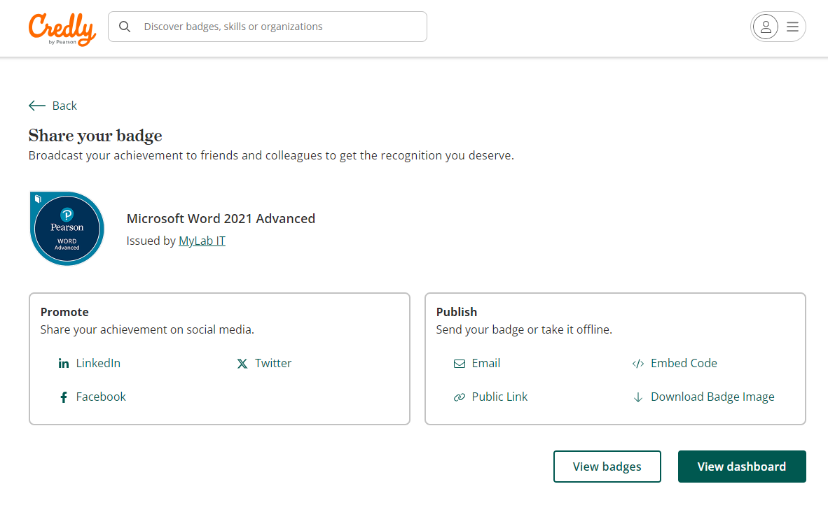 the credly site where you share your badge