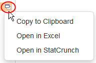 Data icon and dropdown list showing the open in StatCrunch option