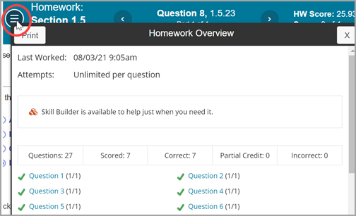An information icon that opens the Homework Overview
