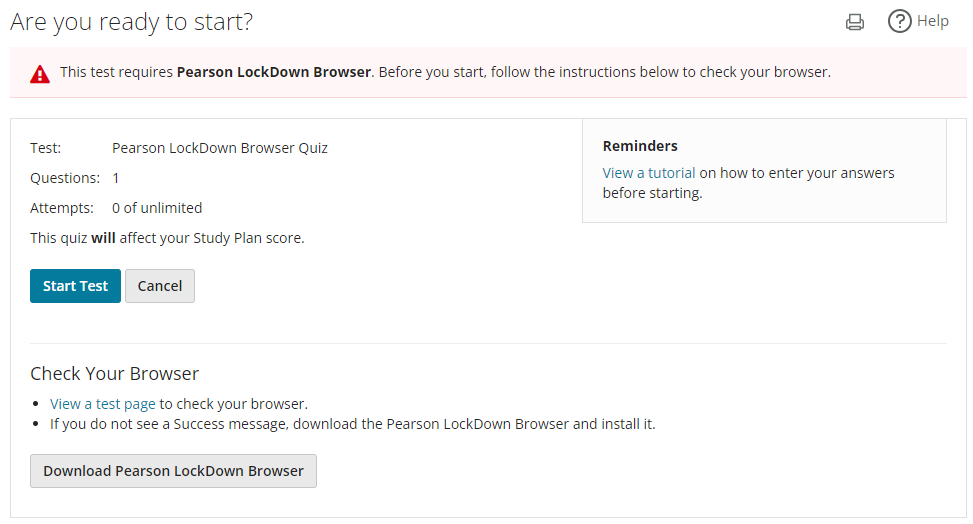 the lockdown browser warning and download button