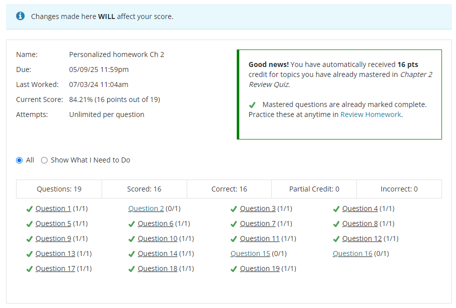 the personalized homework page